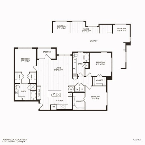 Floor plan for 3 beds, 2 baths, 1609 sqft